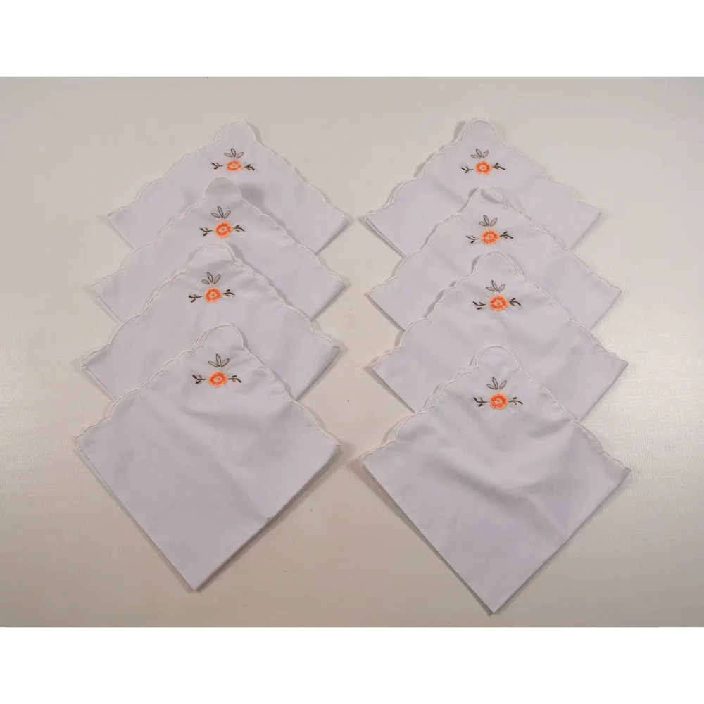 8 Vintage White Napkins with Orange Embroidered Flower Scalloped Edge 16